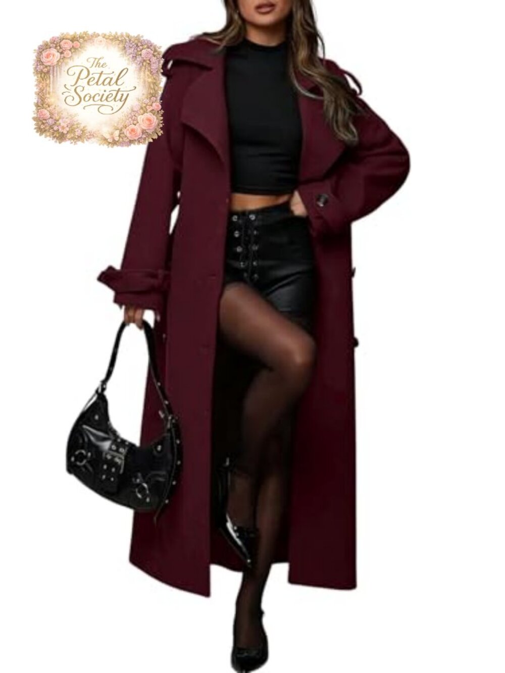 Wool Blend Midi Long Pea Coat Double Breasted Belted Trench Coat